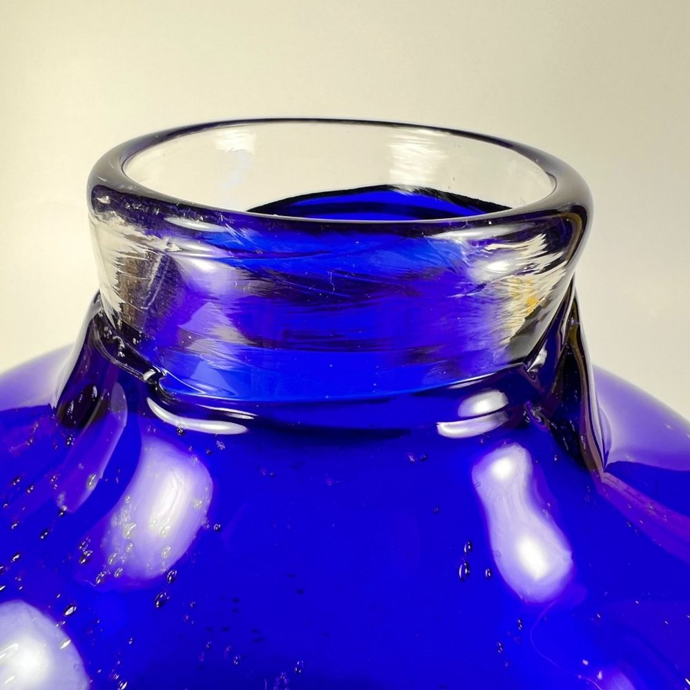 Cobalt Blue Vase Clear Cased Art Glass Hand Blown Bubbles Pattern - Picture 13 of 16